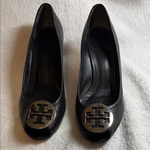 Tory Burch Black Leather Peep-Toe Heels